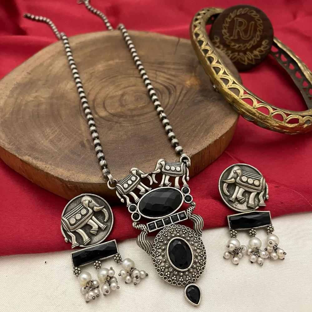 FS Collection Antique Oxidised Plated Crystals & Pearls for Women Long Necklace Set