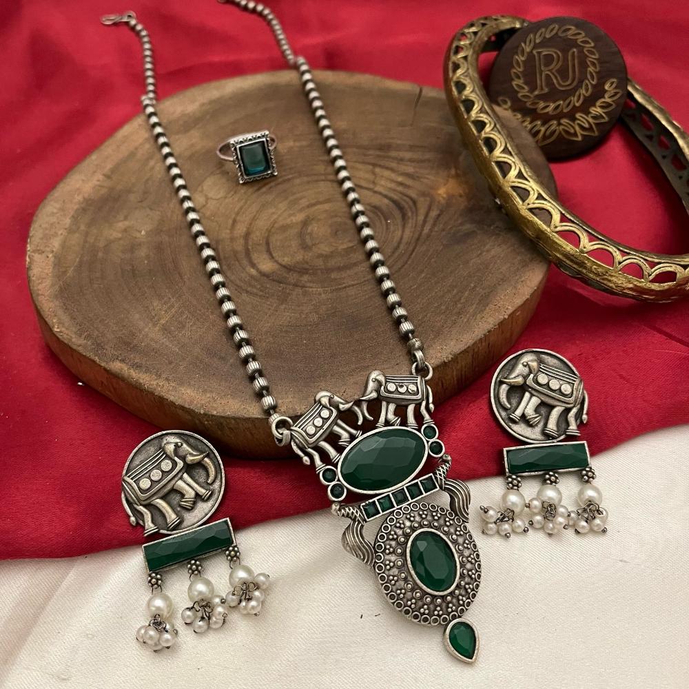 FS Collection Antique Oxidised Plated Crystals & Pearls for Women Long Necklace Set
