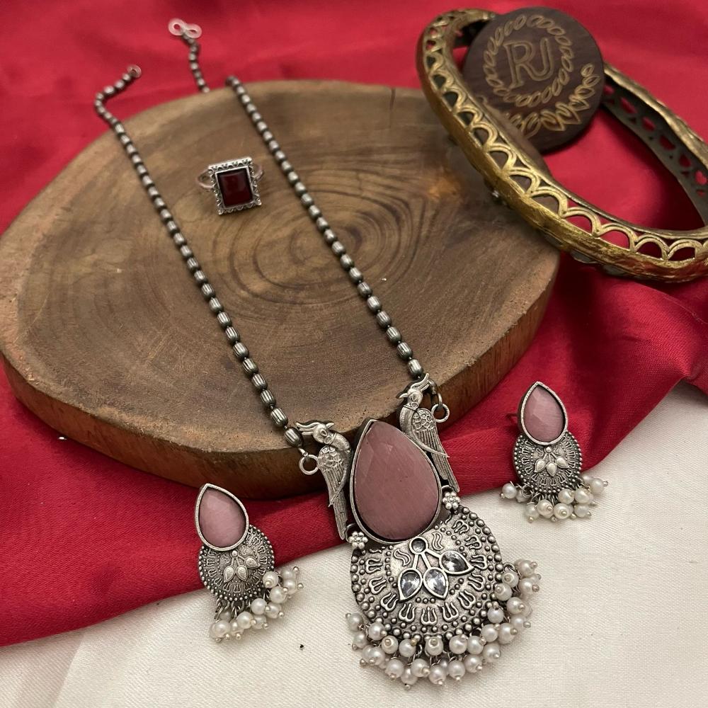 FS Collection Antique Oxidised Plated Crystals & Pearls for Women Long Necklace Set