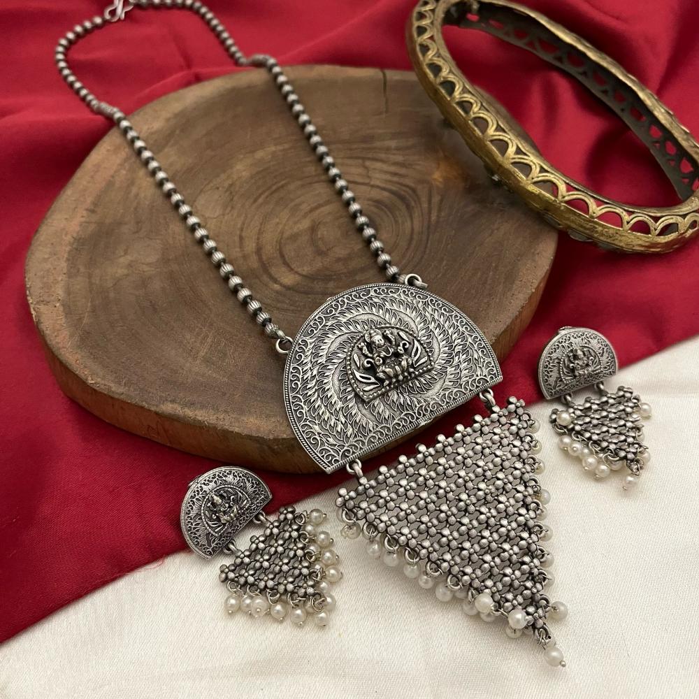 FS Collection Oxidised Plated Pearls Fashion Jewelry Long Necklace Set