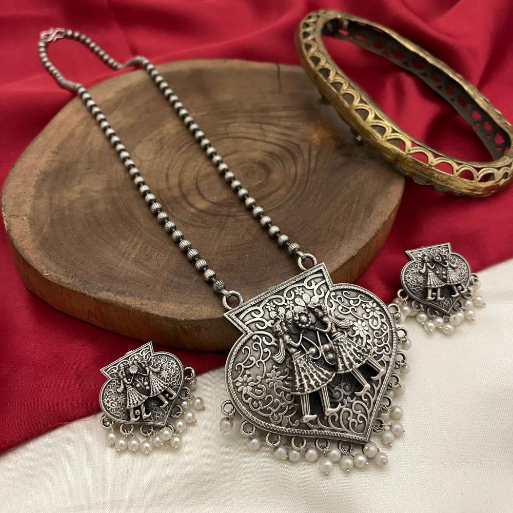 FS Collection Oxidised Plated Pearls Fashion Jewelry Long Necklace Set