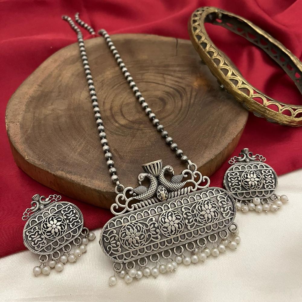 FS Collection Oxidised Plated Pearls Fashion Jewelry Long Necklace Set