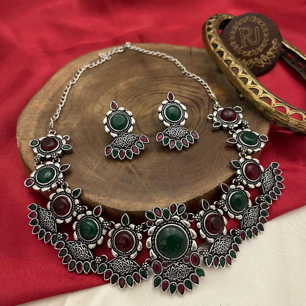 FS Collection Antique Oxidised Plated Green & Pink Color Pota Stones Necklace Set