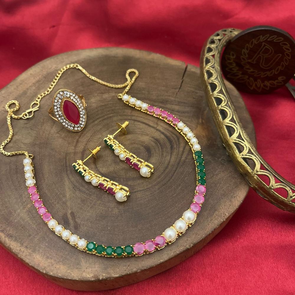 FS Collection Designer Gold Plated  Crystals & Pearls Necklace Set