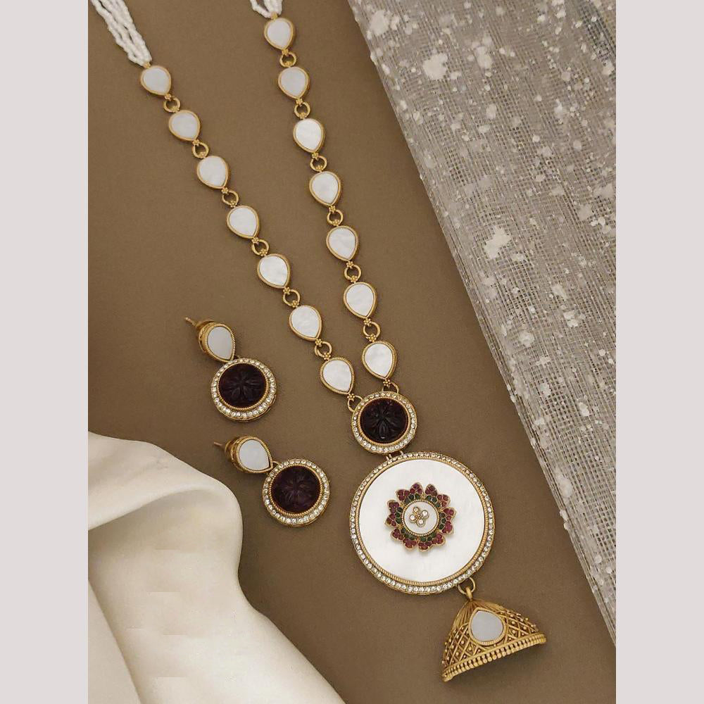 FS Collection Designer Gold Plated Austrian Stones and Pearls Perfect for Modern Looks Long Necklace Set