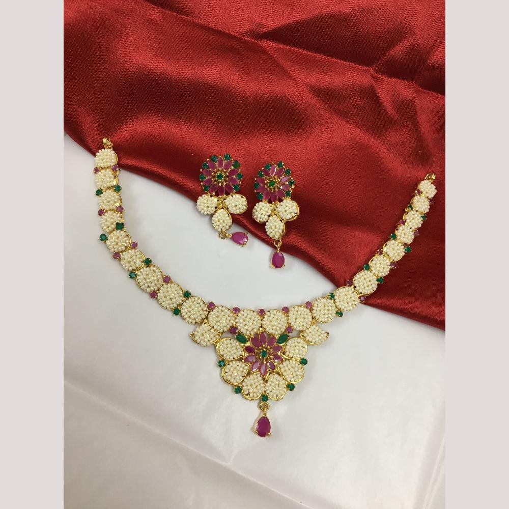 FS Collection Gold Plated Green and Pink Crystal And Pearls Ethnic Jewelry Necklace Set