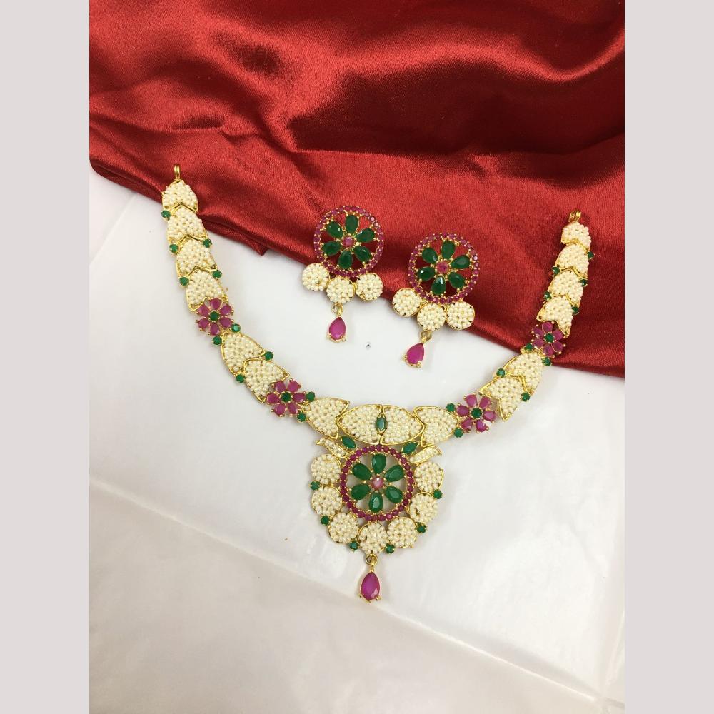 FS Collection Gold Plated Green and Pink Crystal And Pearls Ethnic Jewelry Necklace Set