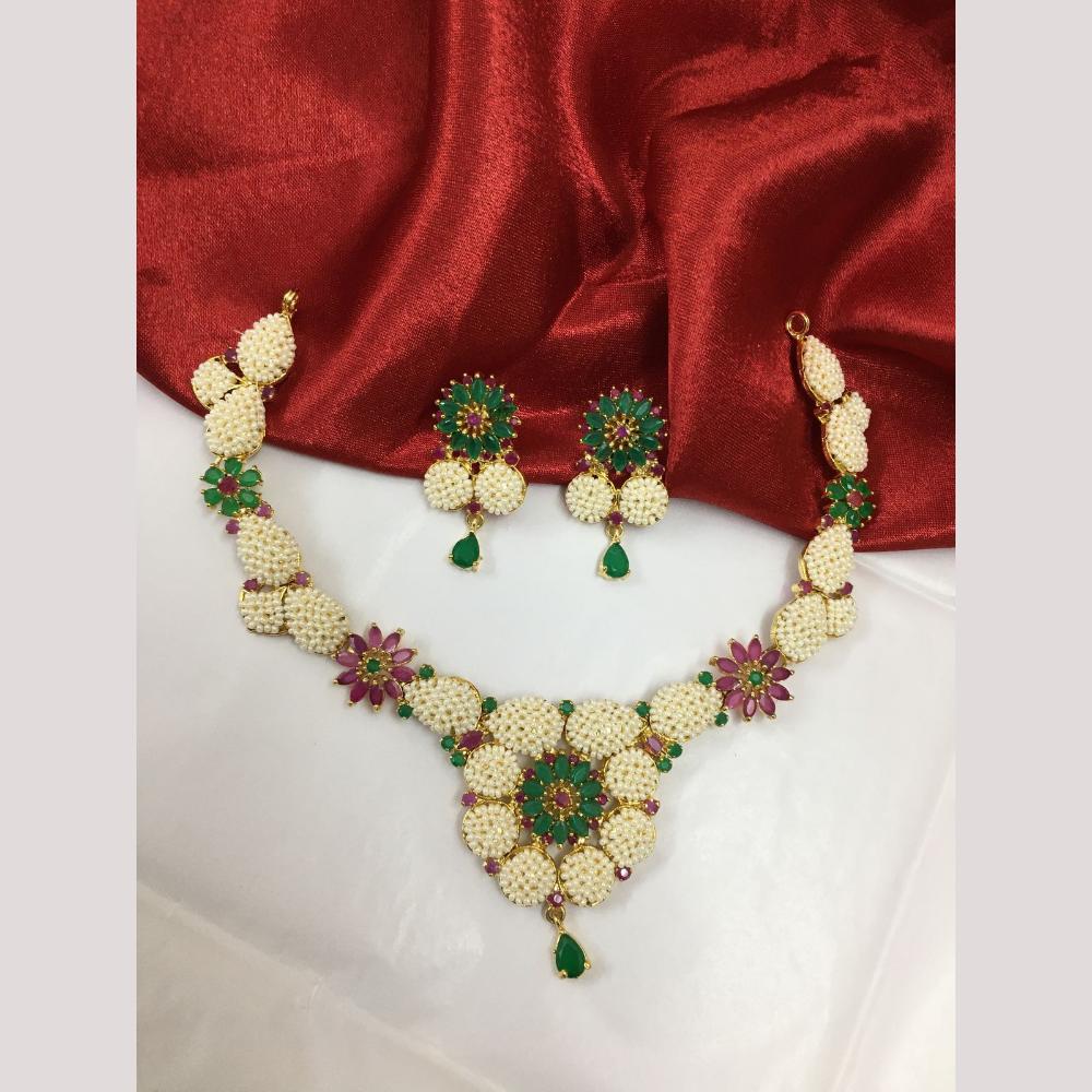FS Collection Gold Plated Green and Pink Crystal And Pearls Ethnic Jewelry Necklace Set