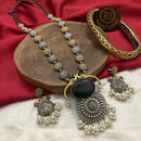 FS Collection Oxidised Plated Pota and Pearls  Modern Fusion Jewelry Long Necklace Set