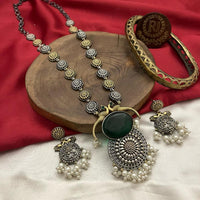FS Collection Oxidised Plated Pota and Pearls  Modern Fusion Jewelry Long Necklace Set