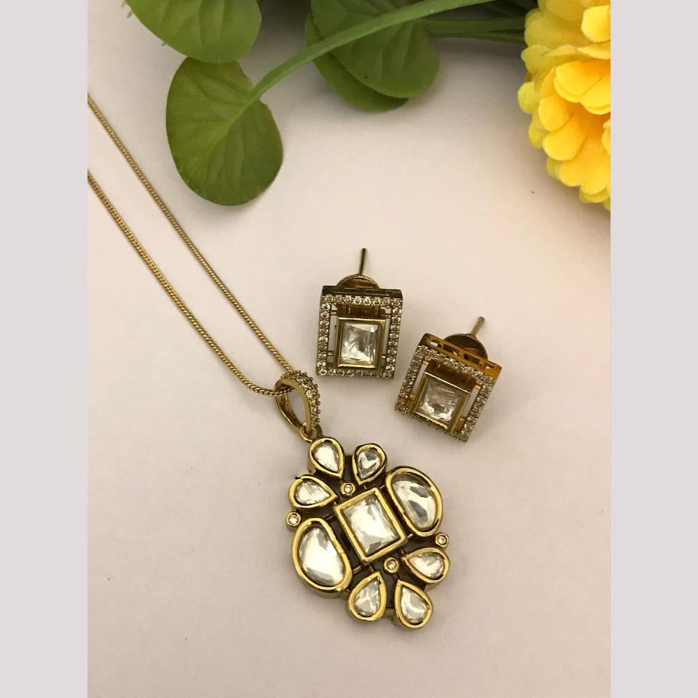 FS Collection Designer Gold Plated Kundan Traditional Chain Pendant Set