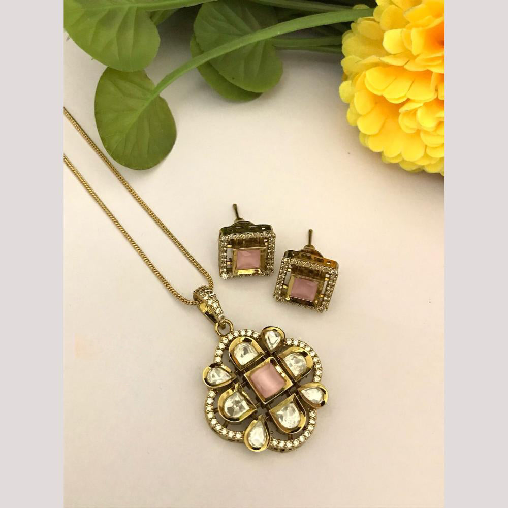 FS Collection Designer Gold Plated Kundan Traditional Chain Pendant Set