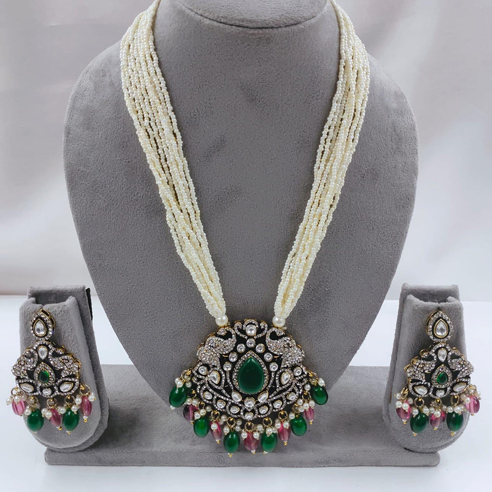 FS Collection Auspicious Kundan And Austrian Stone Pearl And Beads Long Necklace Set