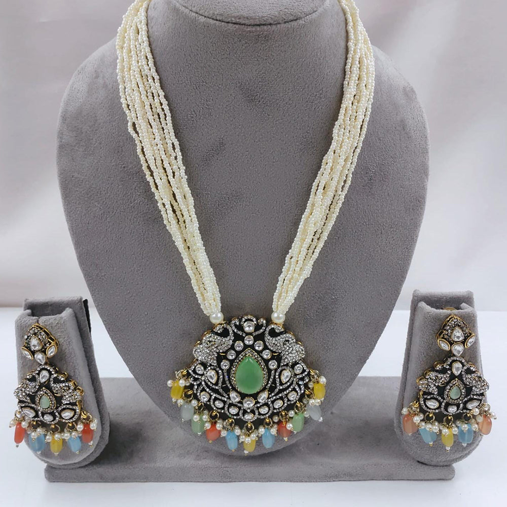 FS Collection Auspicious Kundan And Austrian Stone Pearl And Beads Long Necklace Set