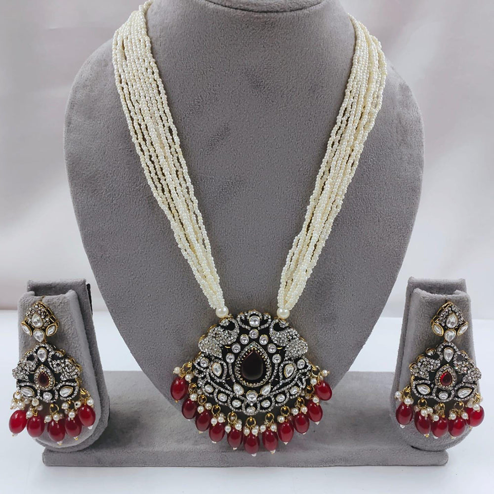 FS Collection Auspicious Kundan And Austrian Stone Pearl And Beads Long Necklace Set