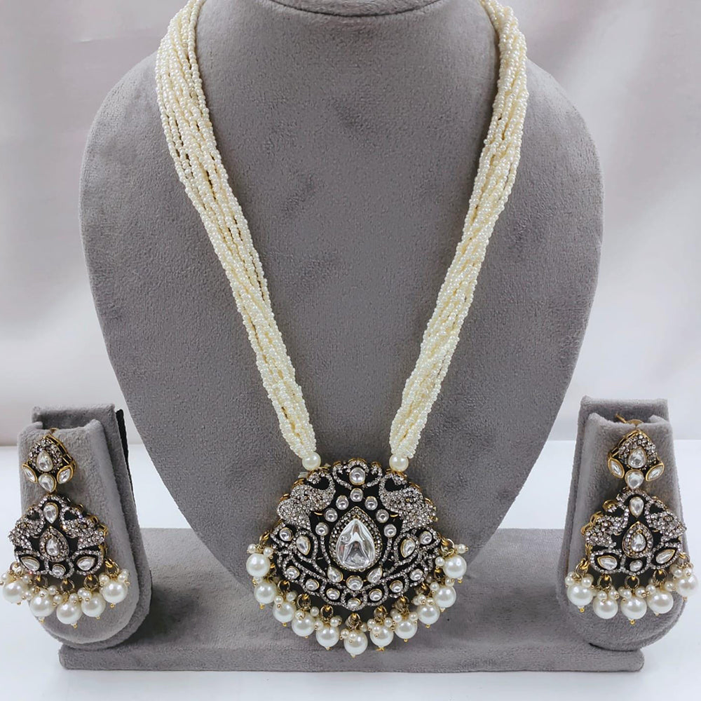 FS Collection Auspicious Kundan And Austrian Stone Pearl And Beads Long Necklace Set