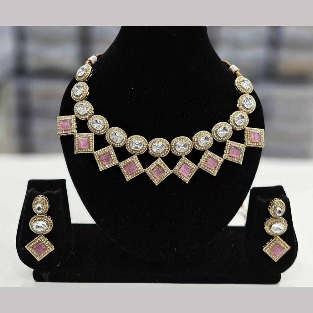FS Collection Elegant Gold Plated  Pota Stones Perfect for Weddings, Festivals Necklace Set