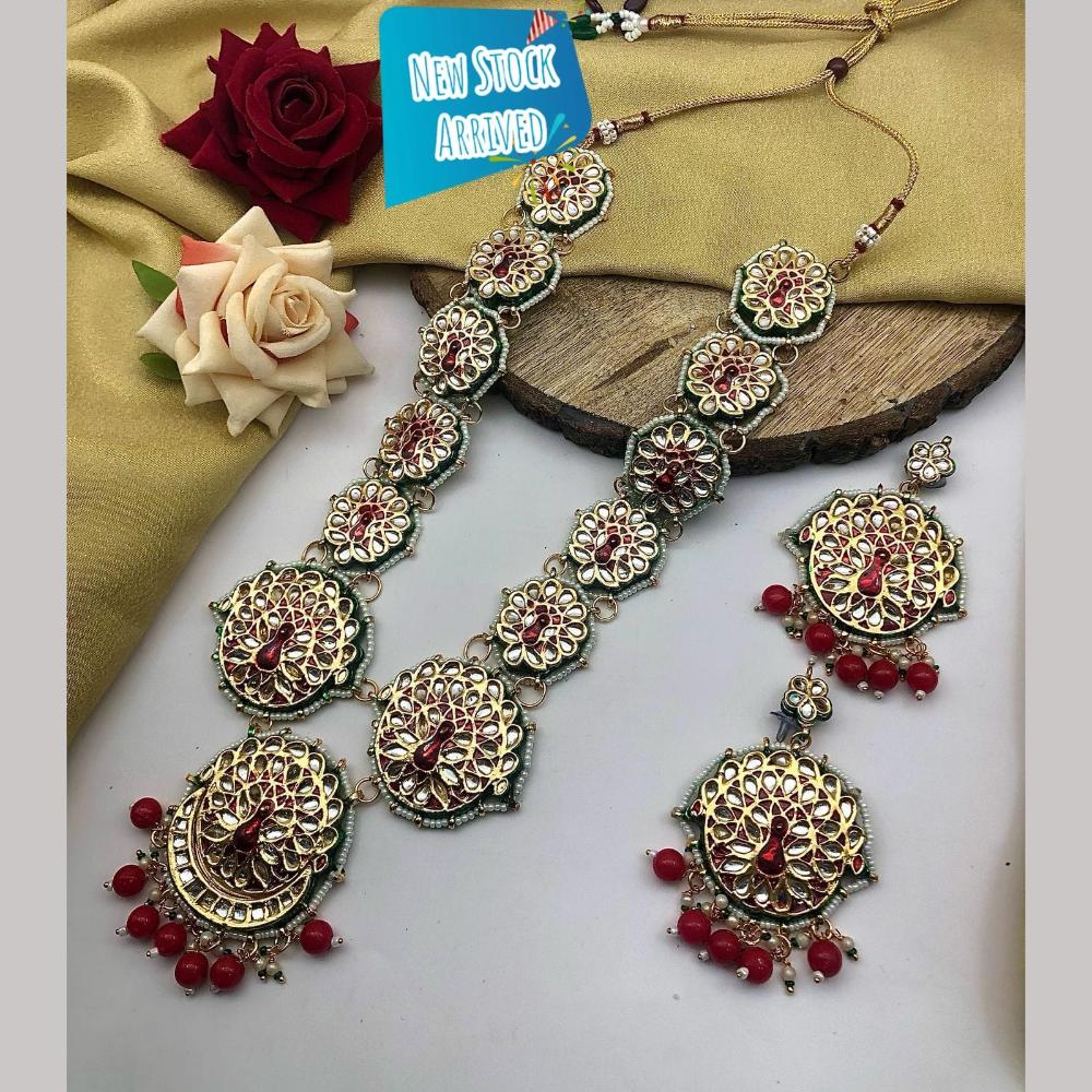 FS Collection Gold Plated Kundan And Meenakari Long Necklace Set