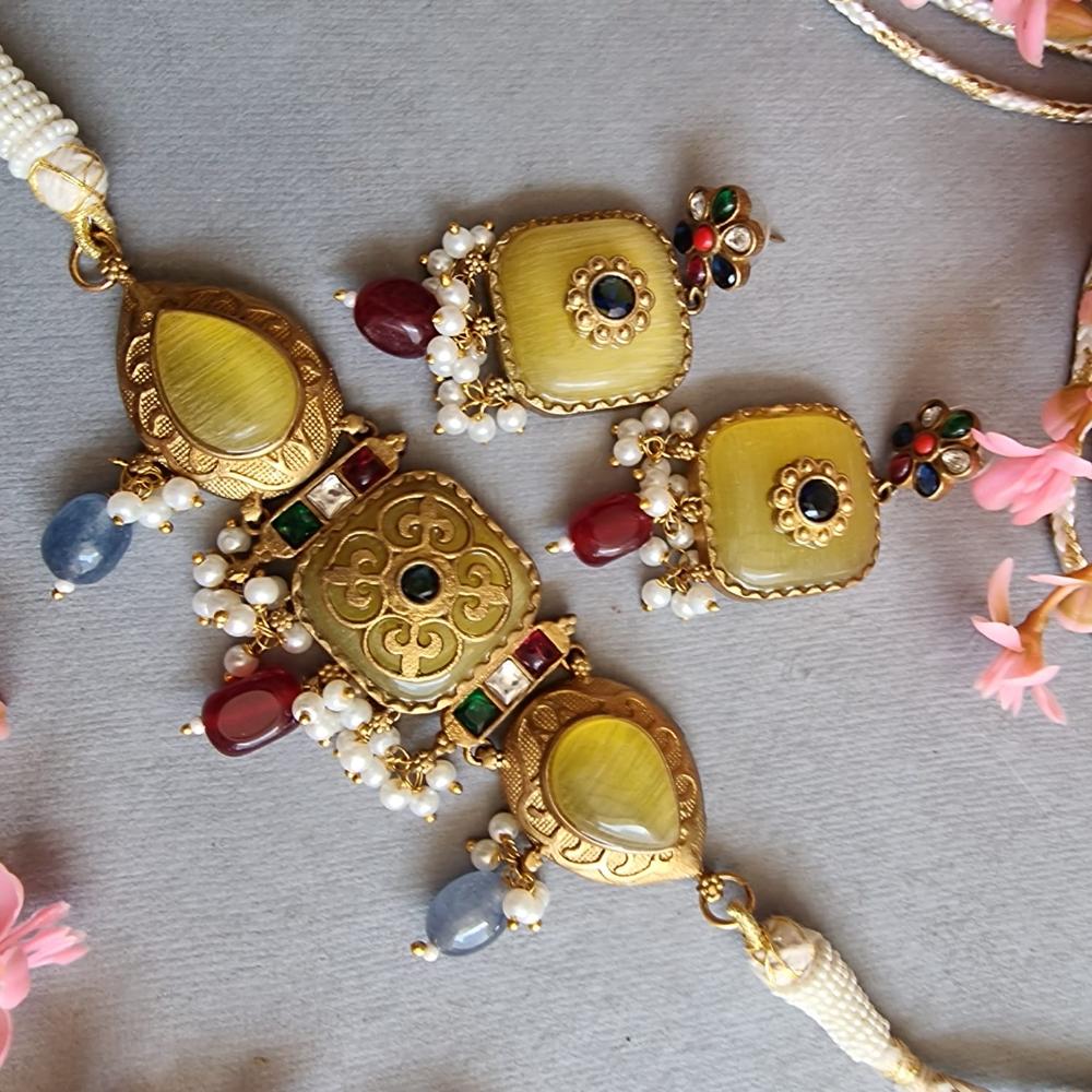 FS Collection Elegant Gold Plated  Pota Stones Perfect for Weddings, Festivals Choker Necklace Set