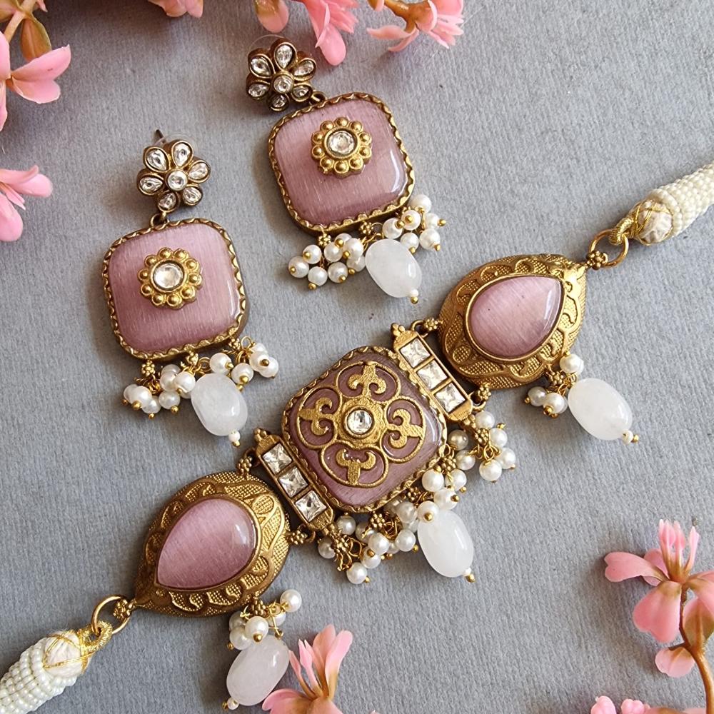 FS Collection Elegant Gold Plated  Pota Stones Perfect for Weddings, Festivals Choker Necklace Set