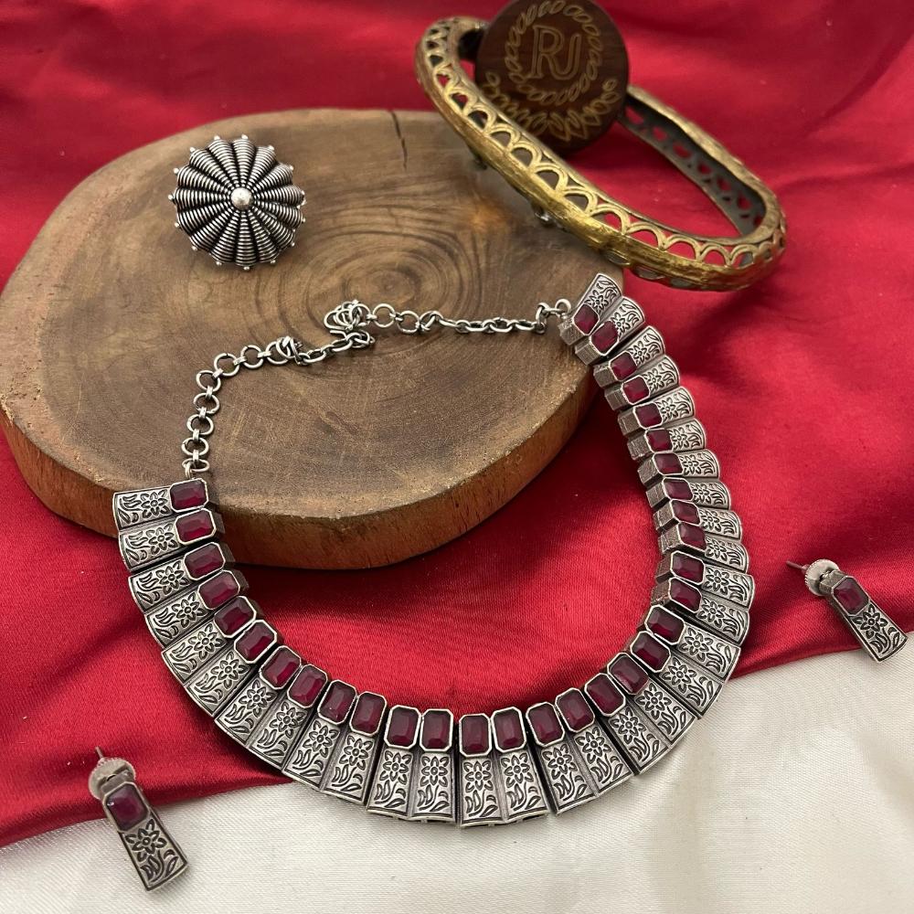 FS Collection Oxidised Plated Pota Stone Necklace Set