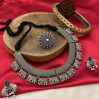 FS Collection Oxidised Plated Pota STone Necklace Set
