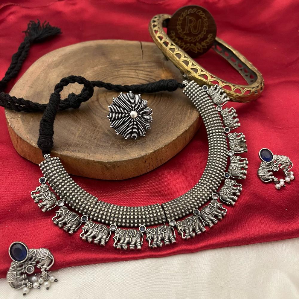 FS Collection Oxidised Plated Pota STone Necklace Set