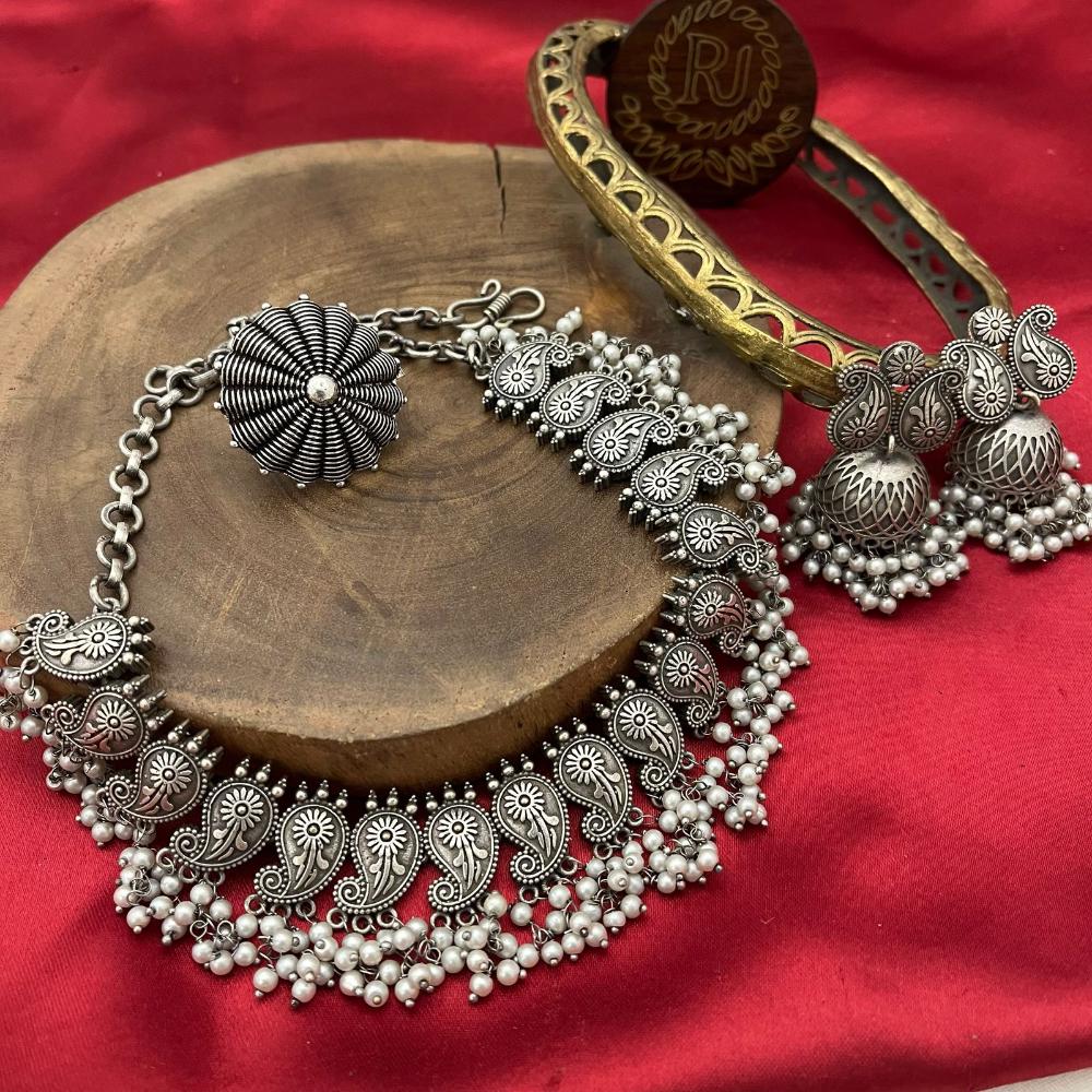 FS Collection Oxidised Plated Pearls Necklace Set