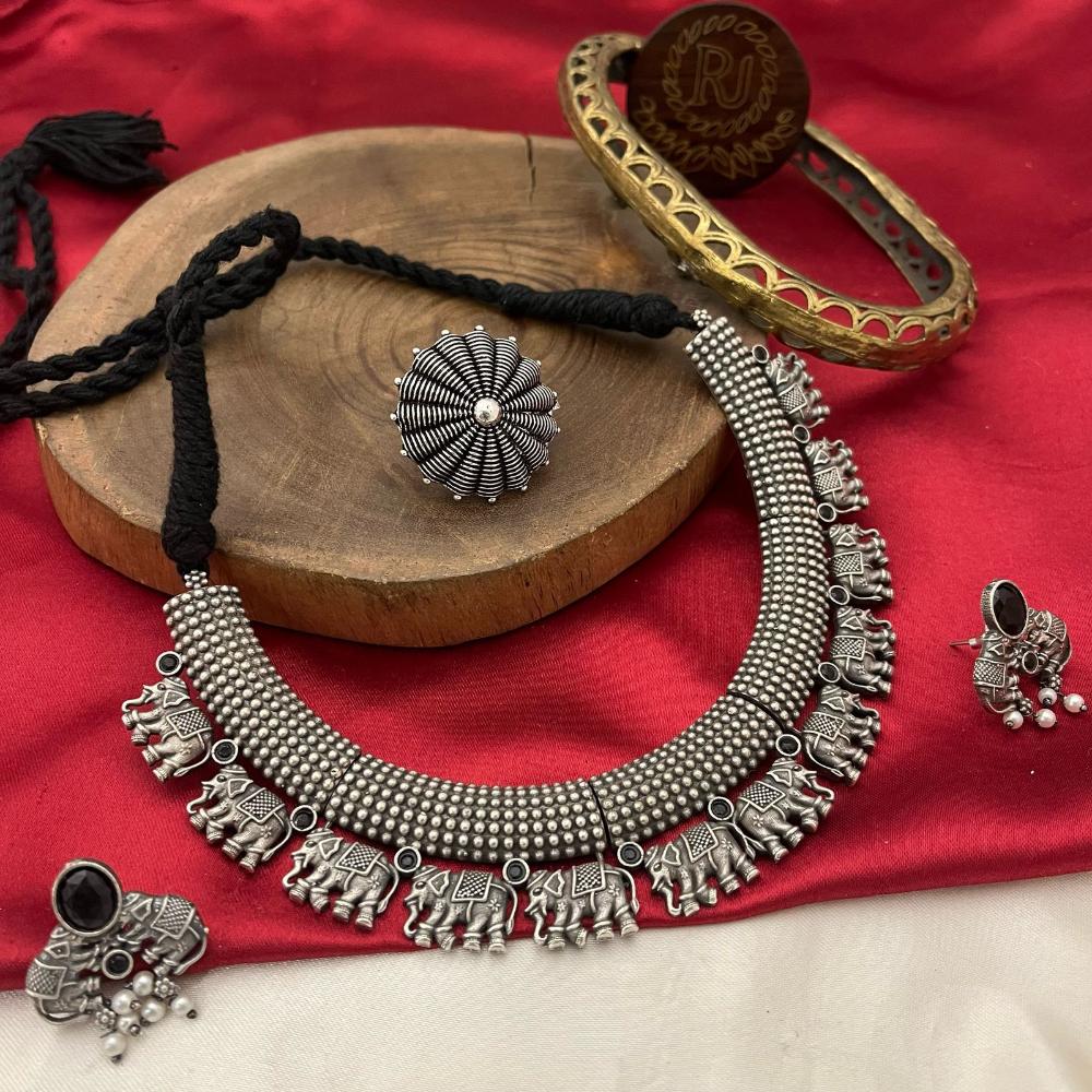 FS Collection Oxidised Plated Pota STone Necklace Set