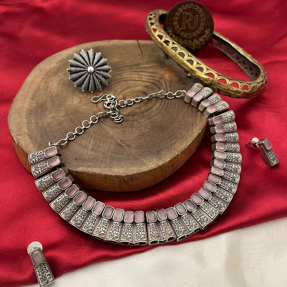 FS Collection Oxidised Plated Pota STone Necklace Set