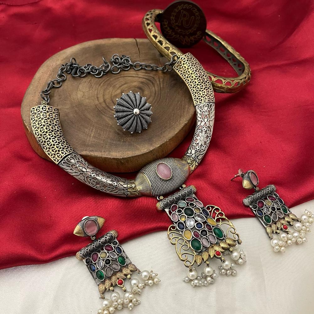FS Collection 2 Tone Plated Pota Stone Necklace Set