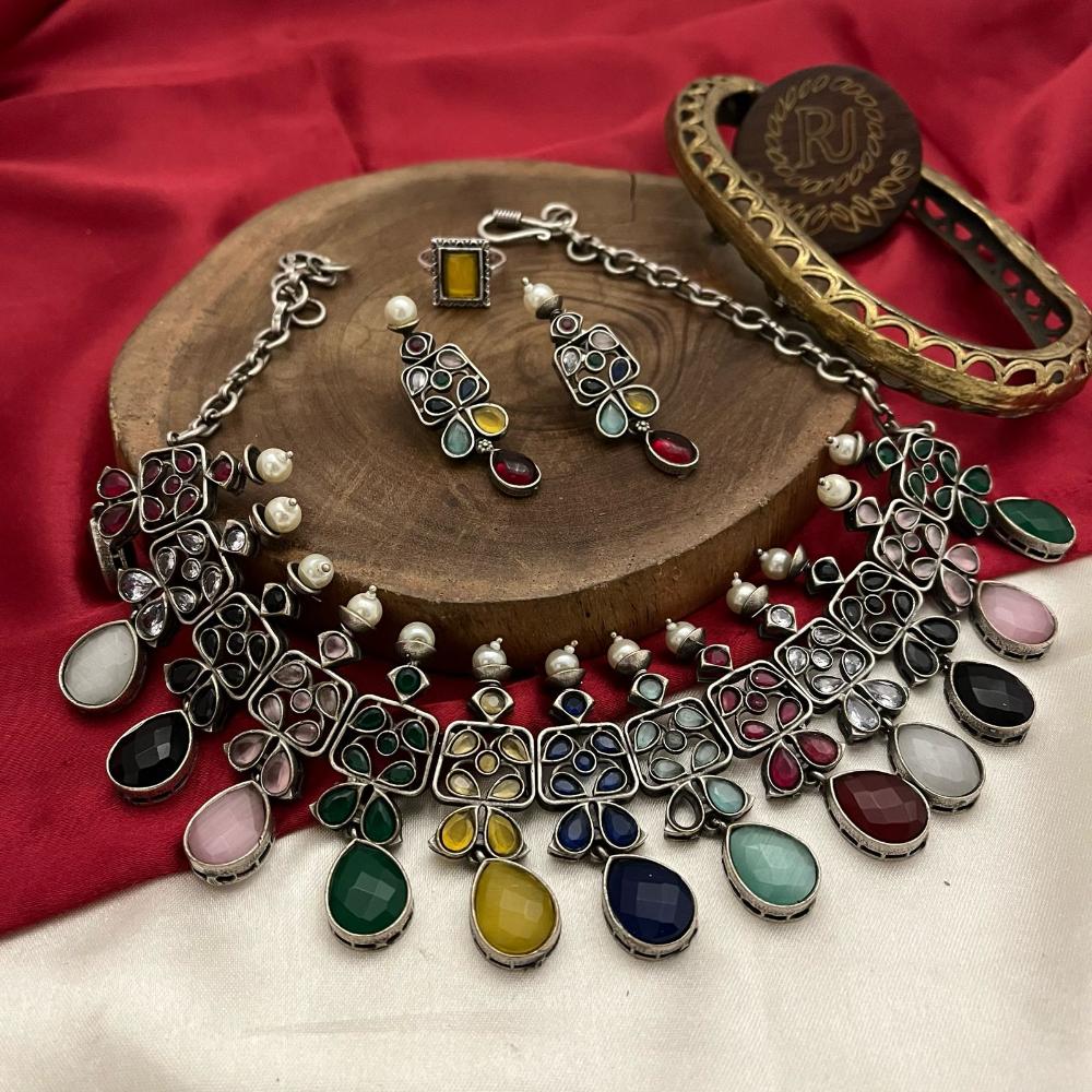 FS Collection Oxidised Plated Pota STone Necklace Set