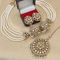 FS Collection Gold Plated Crystal Stone And Beads Jhumki Earrings With Maangtikka