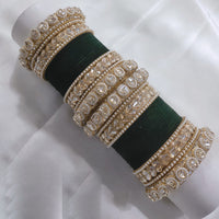 FS Collection Gold Plated Crystal Stone And Pearl Velvet Bangles Set