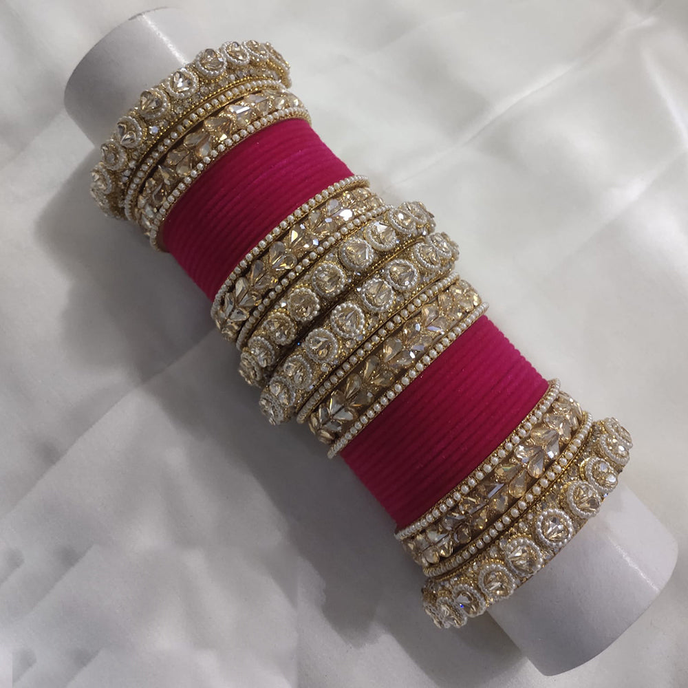 FS Collection Gold Plated Crystal Stone And Pearl Velvet Bangles Set