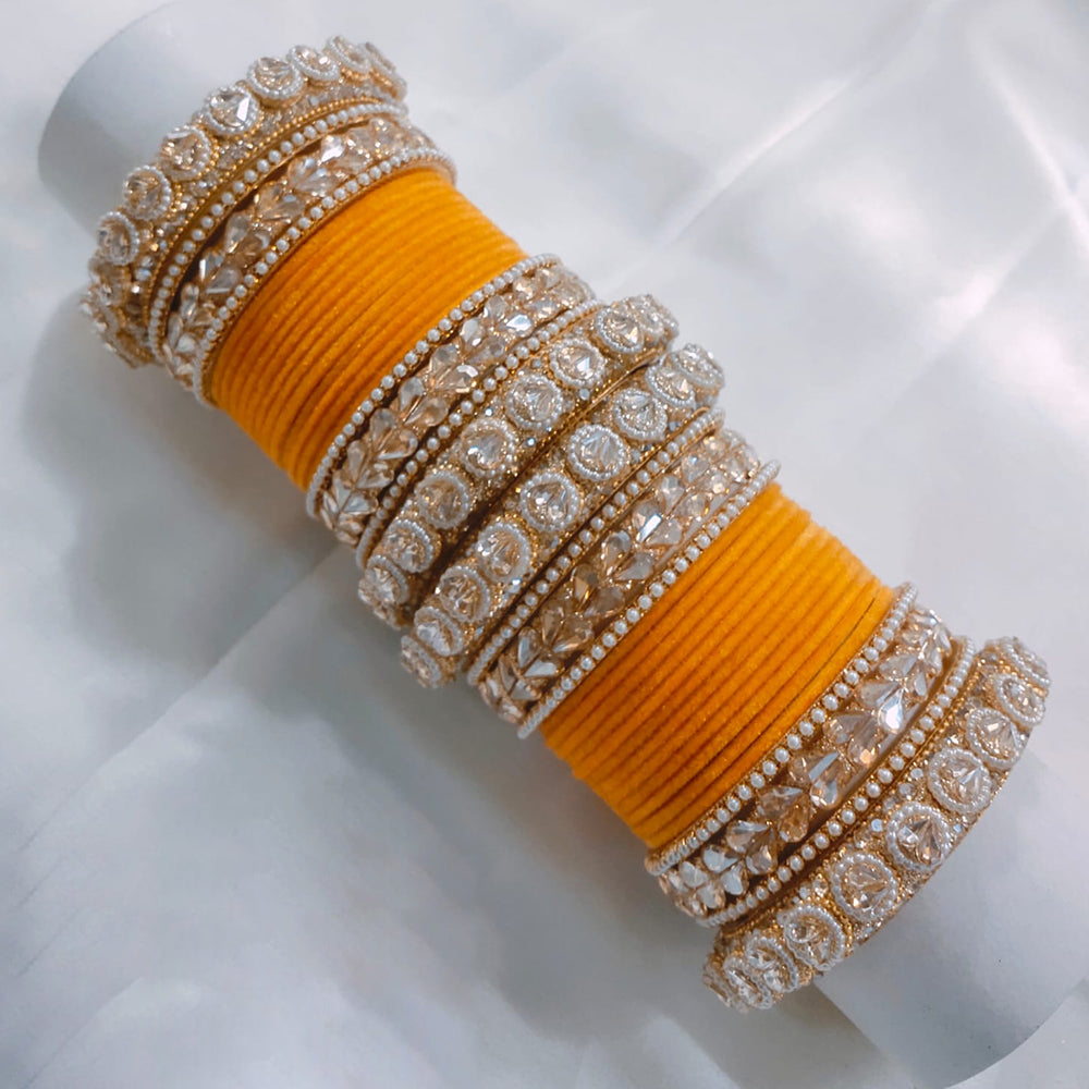 FS Collection Gold Plated Crystal Stone And Pearl Velvet Bangles Set