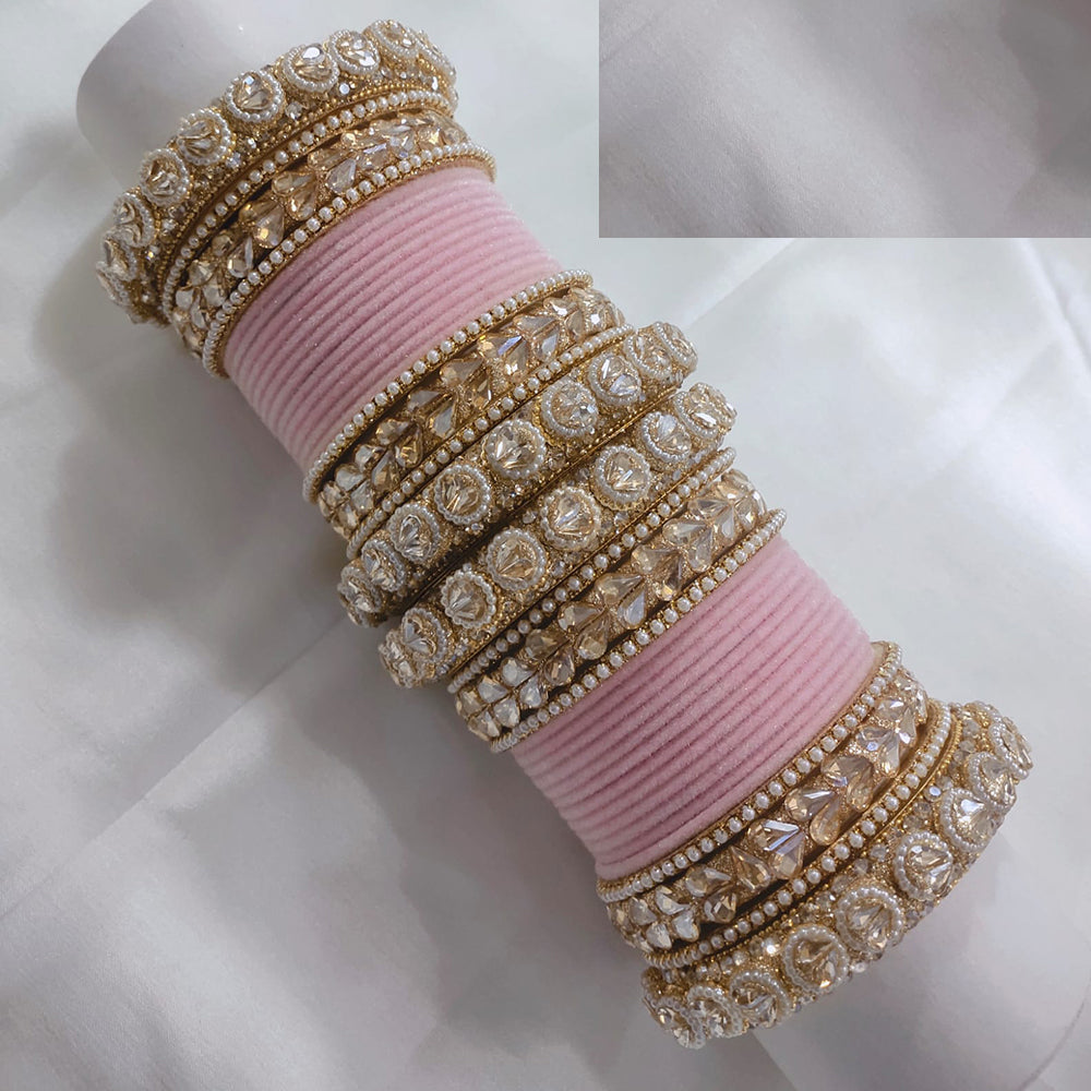 FS Collection Gold Plated Crystal Stone And Pearl Velvet Bangles Set