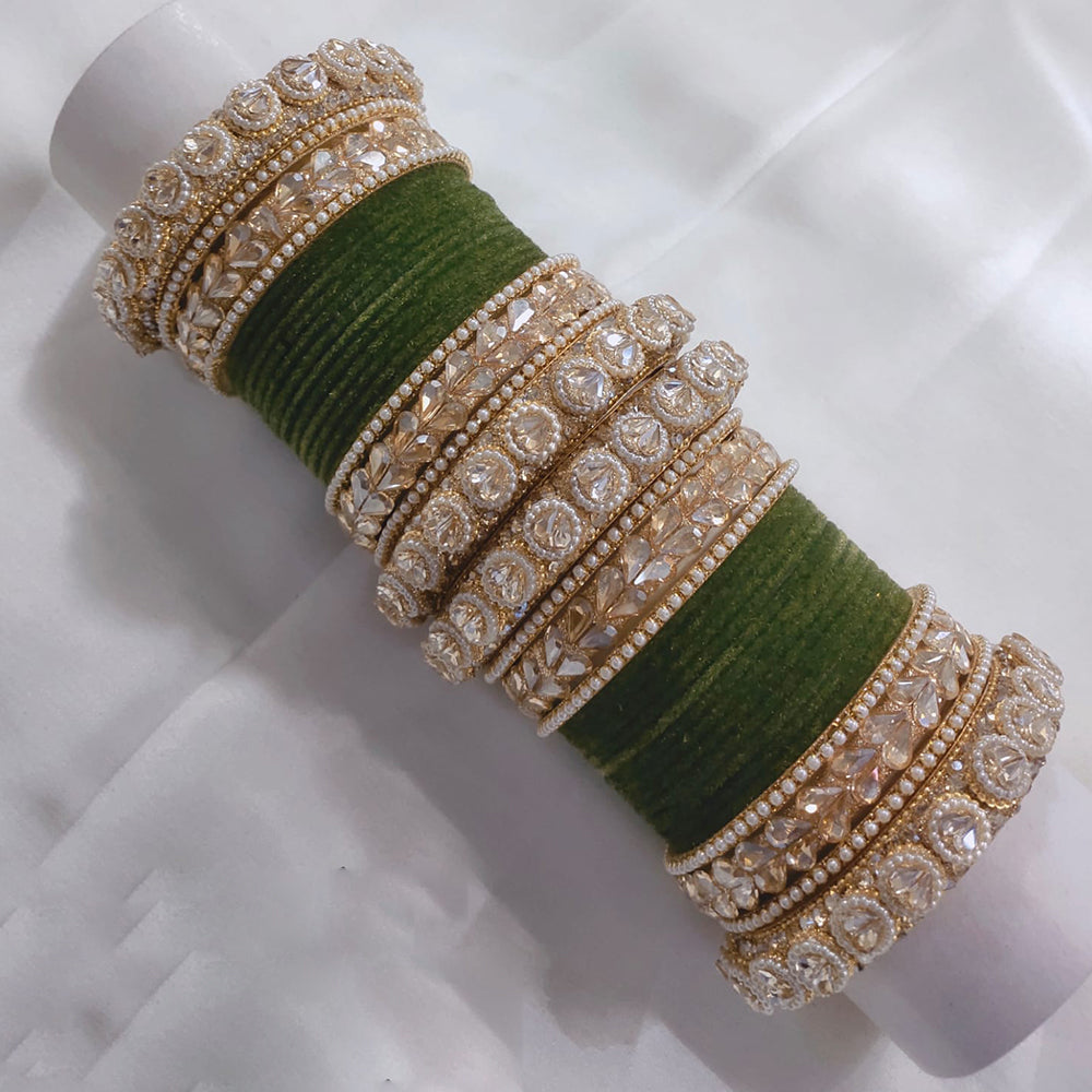 FS Collection Gold Plated Crystal Stone And Pearl Velvet Bangles Set
