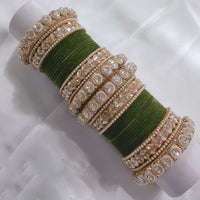 FS Collection Gold Plated Crystal Stone And Pearl Velvet Bangles Set