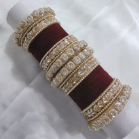 FS Collection Gold Plated Crystal Stone And Pearl Velvet Bangles Set