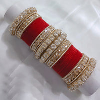 FS Collection Gold Plated Crystal Stone And Pearl Velvet Bangles Set
