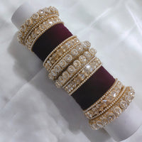 FS Collection Gold Plated Crystal Stone And Pearl Velvet Bangles Set