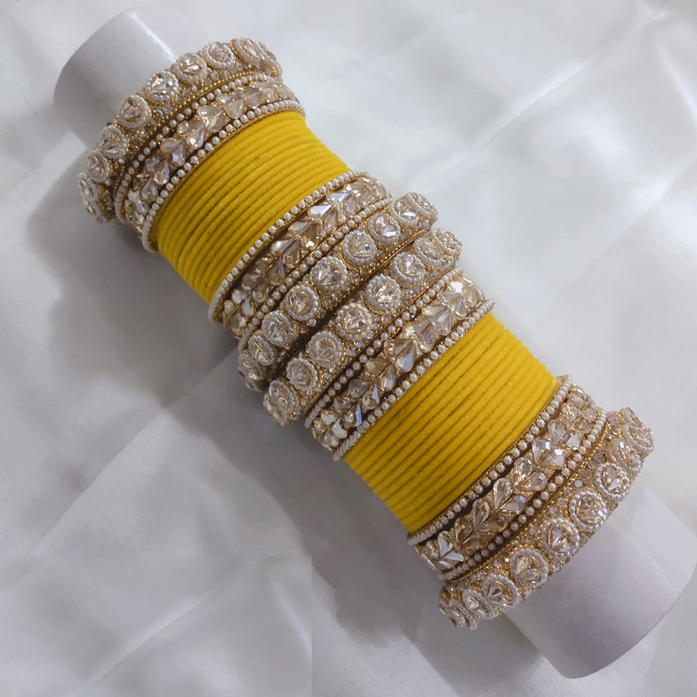 FS Collection Gold Plated Crystal Stone And Pearl Velvet Bangles Set