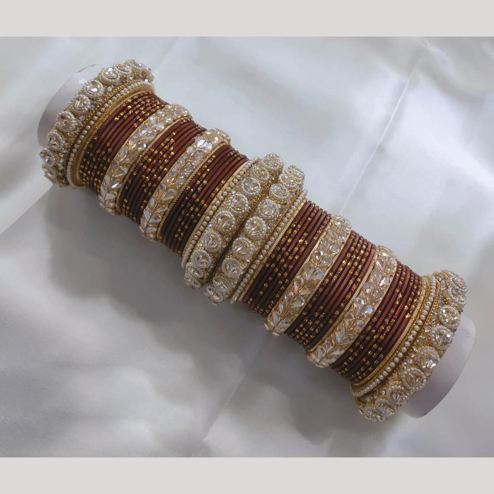 FS Collection Gold Plated Crystal Stone And Pearl Metal Bangles Set