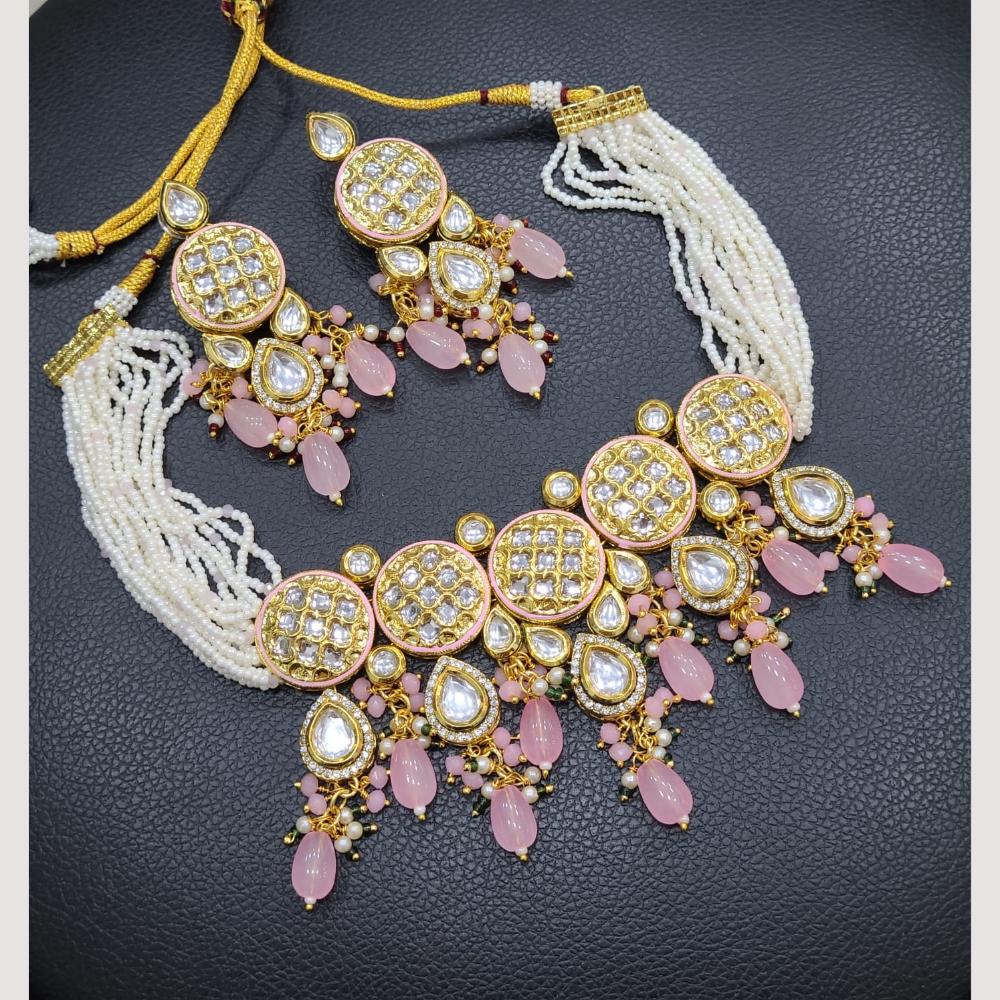 FS Collection Gold Plated Kundan Stone Pearl And Beads Choker Necklace Set