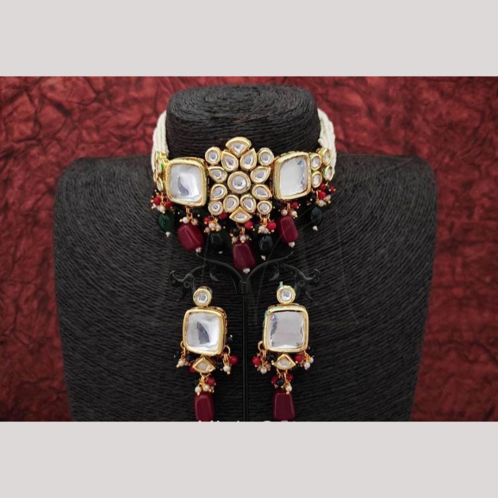 FS Collection Royal Gold Plated Kundan & Pearl Choker Necklace Set