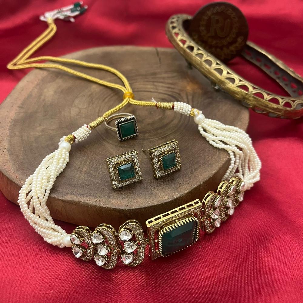 FS Collection Gold Plated Polki Kundan Stone And Beads Choker Necklace Set