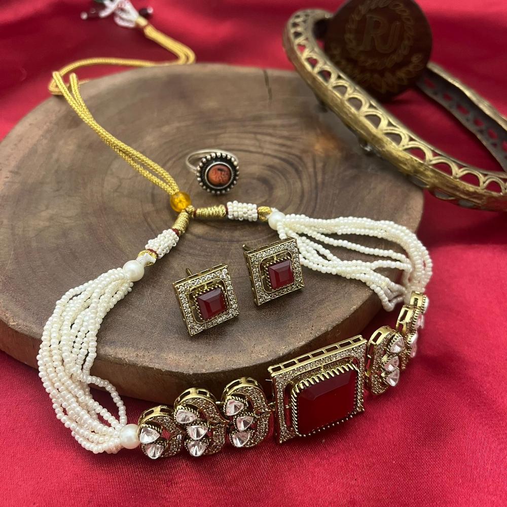 FS Collection Gold Plated Polki Kundan Stone And Beads Choker Necklace Set