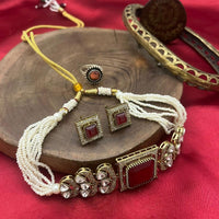 FS Collection Gold Plated Polki Kundan Stone And Beads Choker Necklace Set