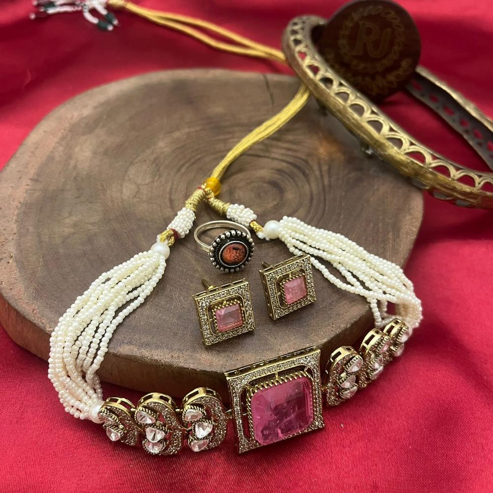 FS Collection Gold Plated Polki Kundan Stone And Beads Choker Necklace Set
